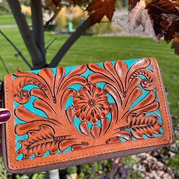 handmade Handbags - Floral Tooled Genuine  Leather floral Wallet New Card Holder Turquoise
